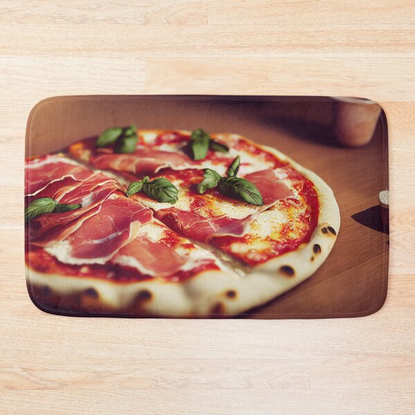 Item preview, Fresh Neapolitan Margherita pizza with prosciutto, food photography, computer AI generated art designed and sold by SvetlanaSF.