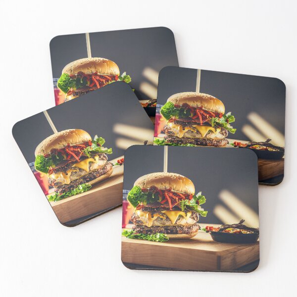 Item preview, Big double beef burger on the wooden board, food photography, computer AI generated art designed and sold by SvetlanaSF.