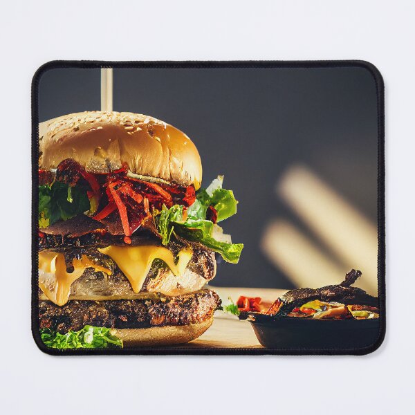Item preview, Big double beef burger on the wooden board, food photography, computer AI generated art designed and sold by SvetlanaSF.