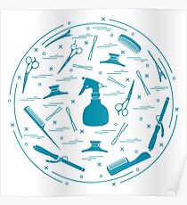 Vector illustration elements arranged in a circle: curling iron, hairclip, combs, pins, barrettes, scissors, sprayer. Poster