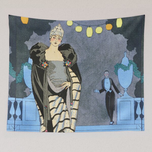 Artikelvorschau, Abendgarderobe Modeillustration von George Barbier Art Deco Vintage Ausstellung Museum entworfen und verkauft von Tamas Das.