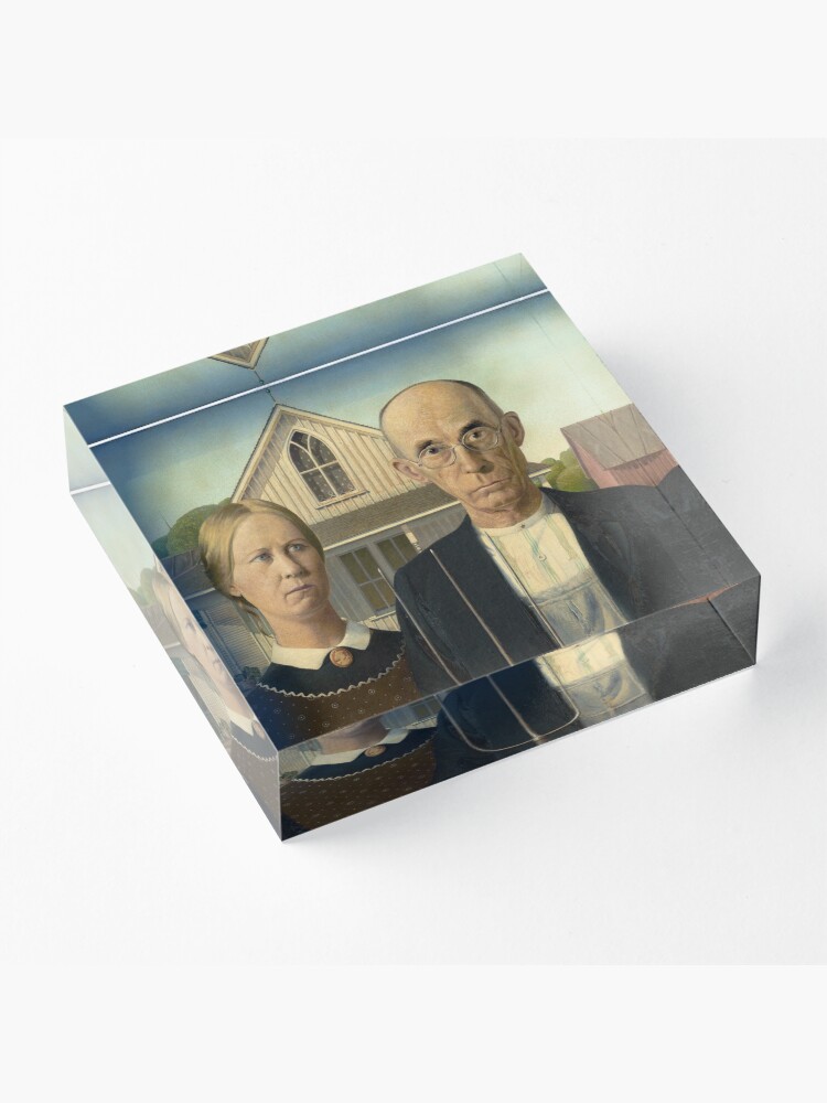 Alternate view of American Gothic Oil Painting by Grant Wood Acrylic Block