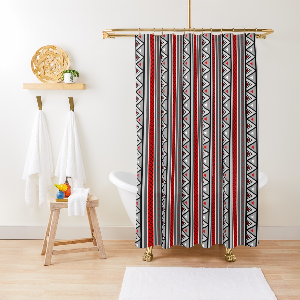 red and gray shower curtain