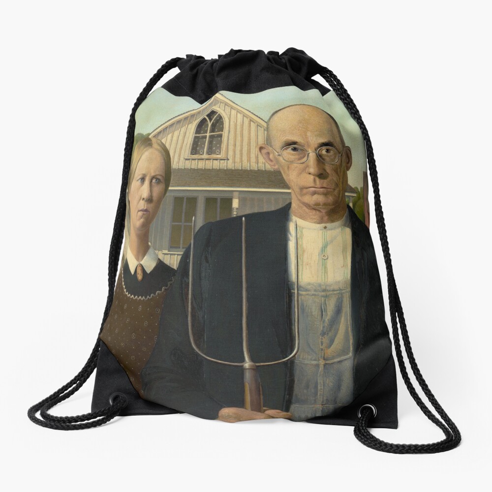 American Gothic Oil Painting by Grant Wood Drawstring Bag