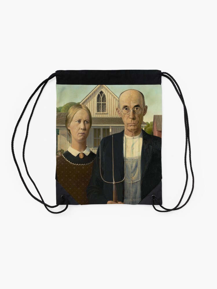 Alternate view of American Gothic Oil Painting by Grant Wood Drawstring Bag