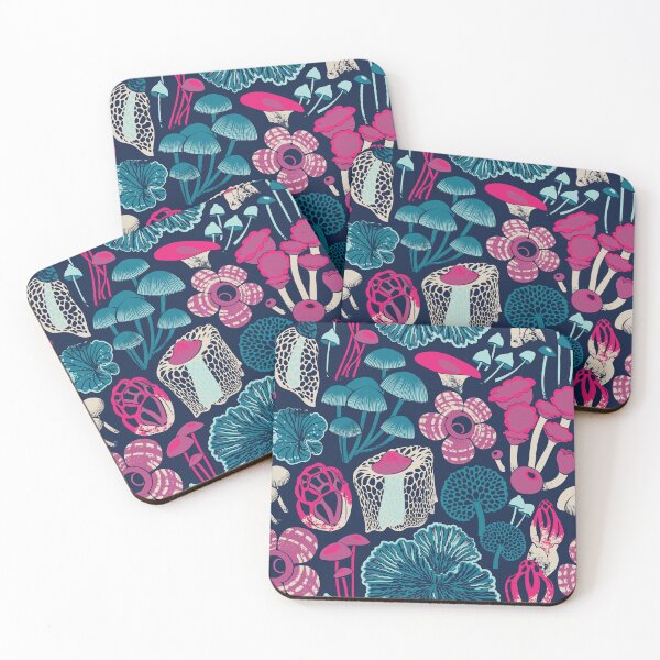 Item preview, Otherworldly fungi // midnight blue background aqua teal and pink wild toadstool mushrooms  designed and sold by SelmaCardoso.