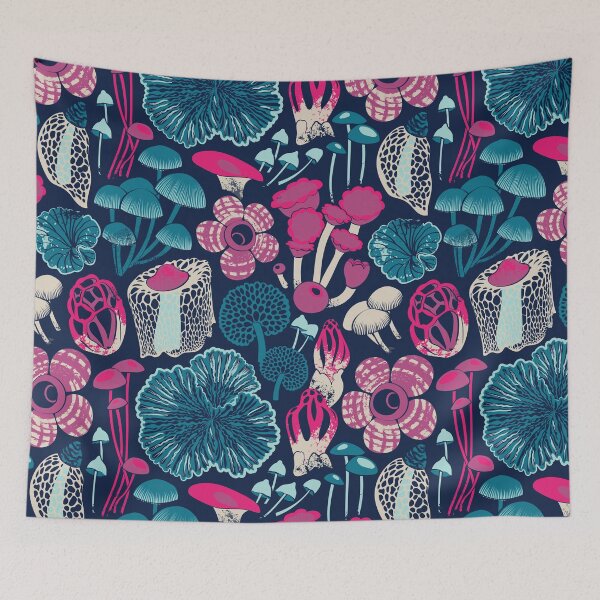 Item preview, Otherworldly fungi // midnight blue background aqua teal and pink wild toadstool mushrooms designed and sold by SelmaCardoso.
