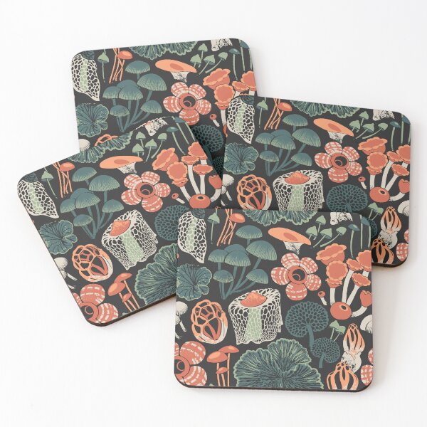 Item preview, Otherworldly fungi // dark brown background green and orange wild toadstool mushrooms  designed and sold by SelmaCardoso.