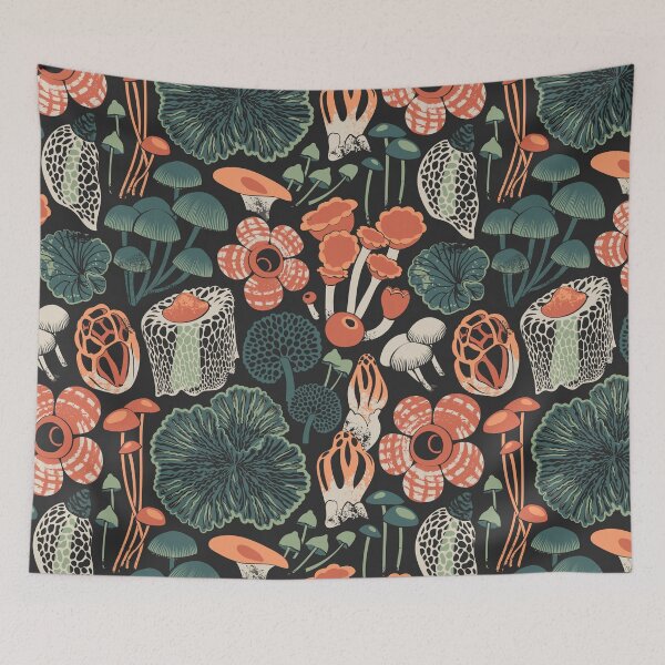 Item preview, Otherworldly fungi // dark brown background green and orange wild toadstool mushrooms  designed and sold by SelmaCardoso.