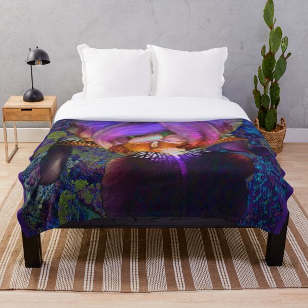 Purple Iris on Moss Throw Blanket