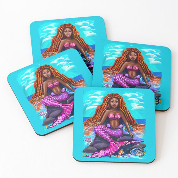 Item preview, Black mermaid with flowing red locks sitting on rocks, African American Mermaid  designed and sold by Artonmytee.