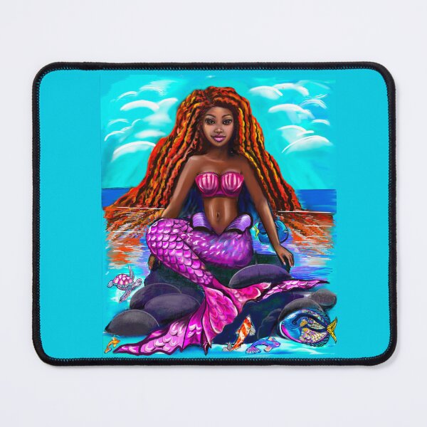 Item preview, Black mermaid with flowing red locks sitting on rocks, African American Mermaid  designed and sold by Artonmytee.