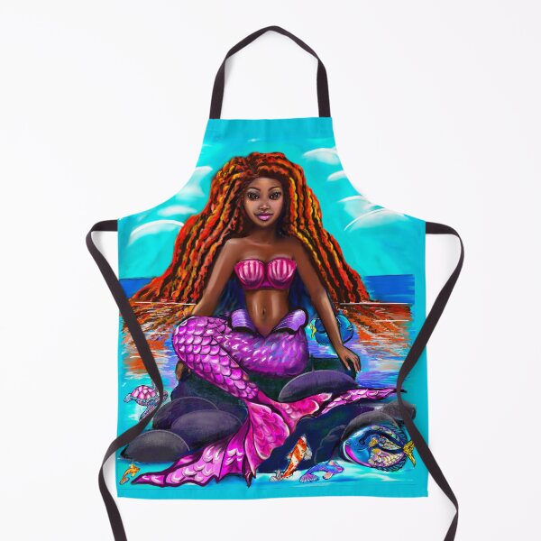 Item preview, Black mermaid with flowing red locks sitting on rocks, African American Mermaid designed and sold by Artonmytee.