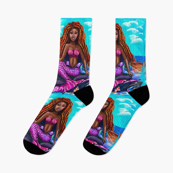 Item preview, Black mermaid with flowing red locks sitting on rocks, African American Mermaid  designed and sold by Artonmytee.