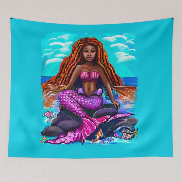 Item preview, Black mermaid with flowing red locks sitting on rocks, African American Mermaid  designed and sold by Artonmytee.
