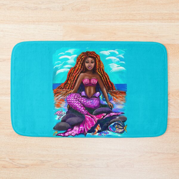 Item preview, Black mermaid with flowing red locks sitting on rocks, African American Mermaid  designed and sold by Artonmytee.