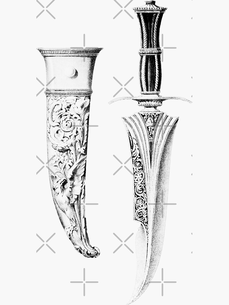 Thumbnail 3 of 3, Sticker, dagger poster sacrifice halloween gothic dark black white illustration history victorian artefact haunted spooky emo goth gothic designed and sold by politeillusts.