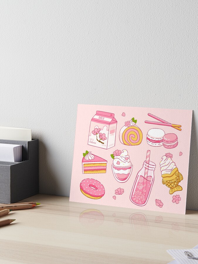 Assorted Japanese Sakura Dessert - Cake, Donut, Milk, Parfait, Macarons,  Taiyaki and More Art Board Print for Sale by Alicia Chee