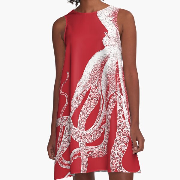 Octopus | Vintage Octopus | Tentacles | Sea Creatures | Nautical | Ocean | Sea | Beach | Red and White |  A-Line Dress