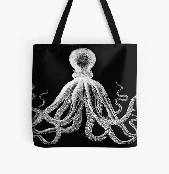 Octopus | Vintage Octopus | Tentacles | Sea Creatures | Nautical | Ocean | Sea | Beach | Black and White | All Over Print Tote Bag