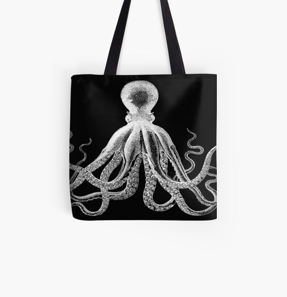 Octopus | Vintage Octopus | Tentacles | Sea Creatures | Nautical | Ocean | Sea | Beach | Black and White | All Over Print Tote Bag