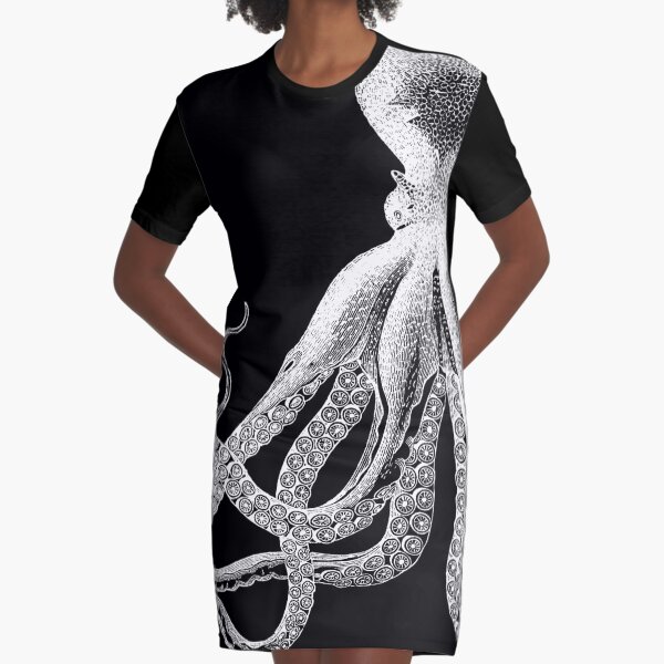 Octopus | Vintage Octopus | Tentacles | Sea Creatures | Nautical | Ocean | Sea | Beach | Black and White | Graphic T-Shirt Dress