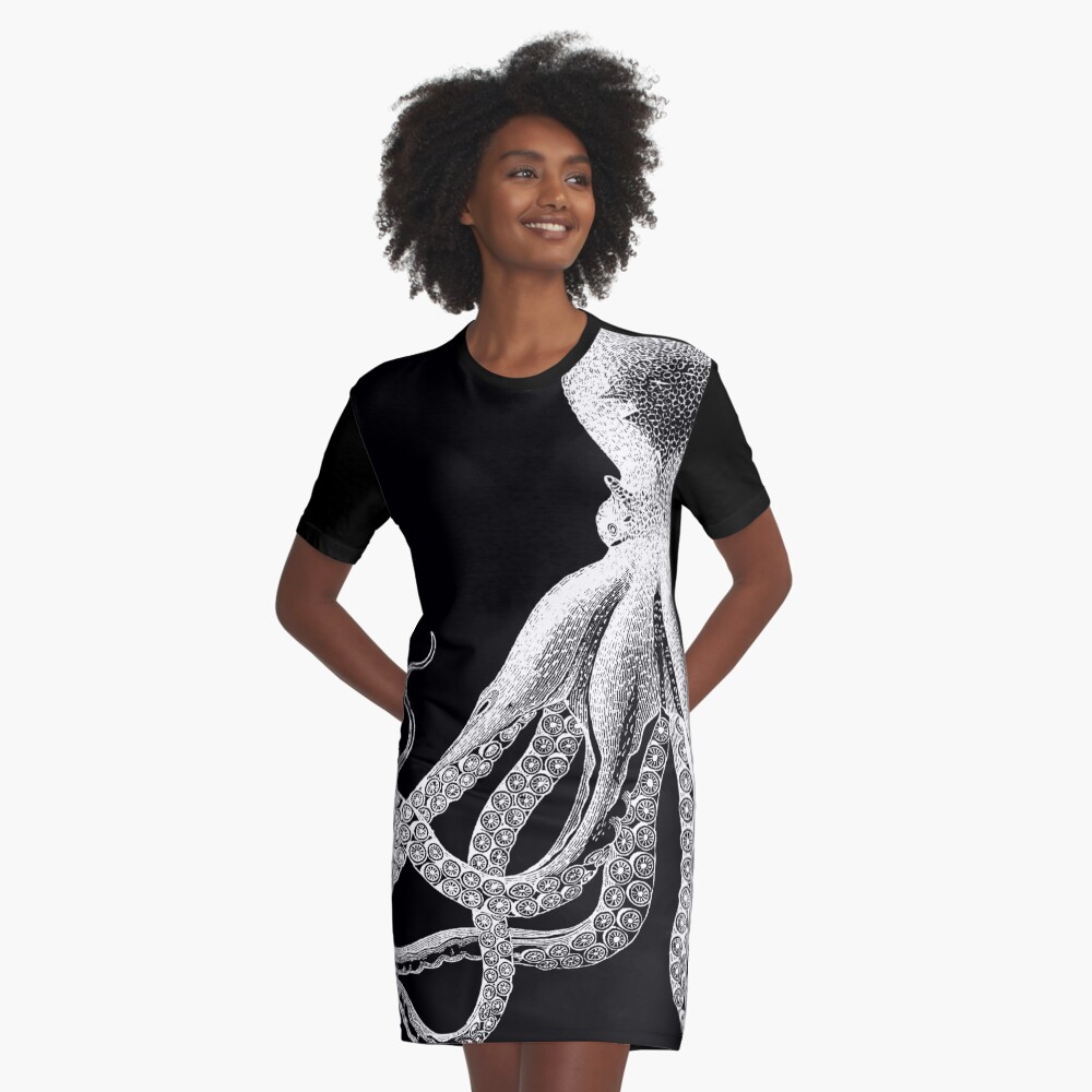 Octopus | Vintage Octopus | Tentacles | Sea Creatures | Nautical | Ocean | Sea | Beach | Black and White | Graphic T-Shirt Dress