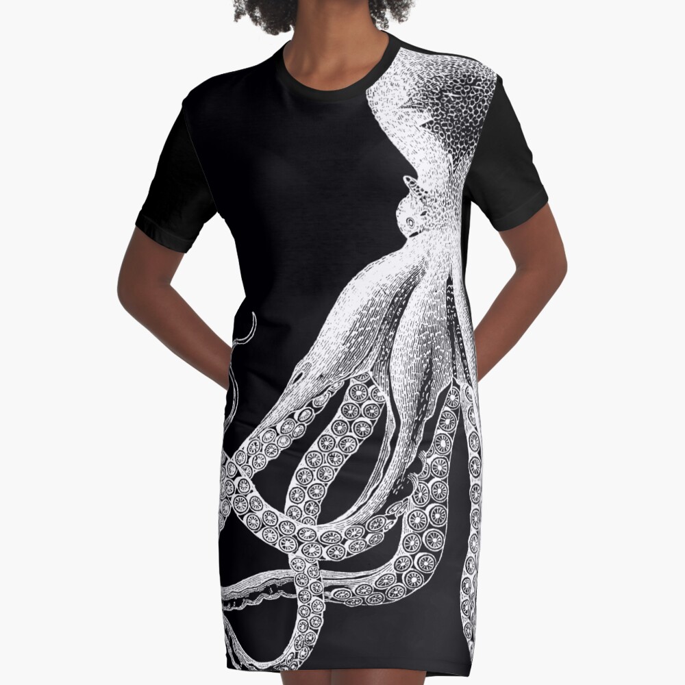 Octopus | Vintage Octopus | Tentacles | Sea Creatures | Nautical | Ocean | Sea | Beach | Black and White | Graphic T-Shirt Dress