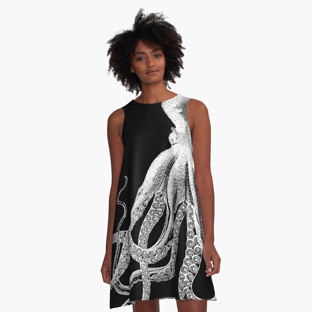 Octopus | Vintage Octopus | Tentacles | Sea Creatures | Nautical | Ocean | Sea | Beach | Black and White | A-Line Dress