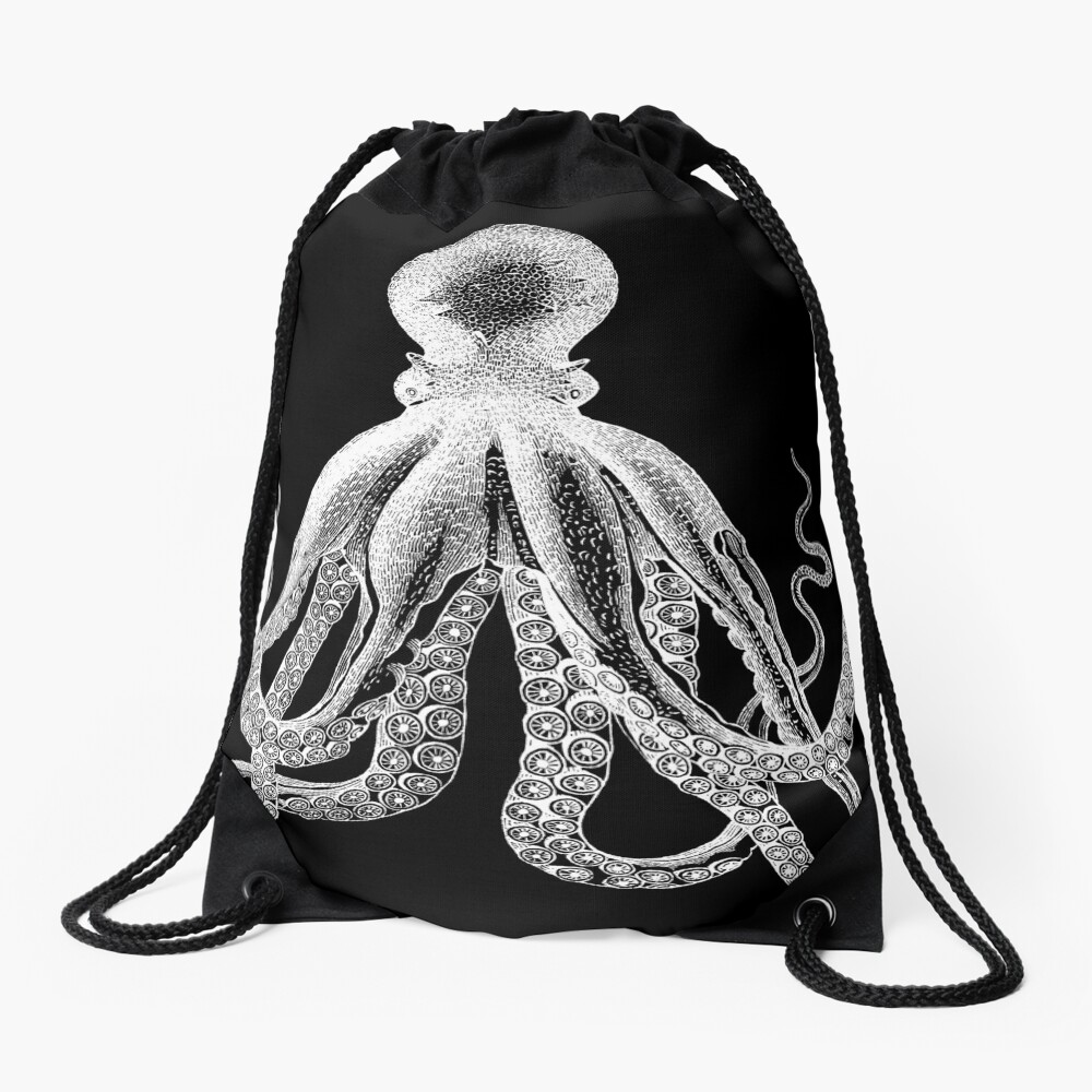 Octopus | Vintage Octopus | Tentacles | Sea Creatures | Nautical | Ocean | Sea | Beach | Black and White | Drawstring Bag