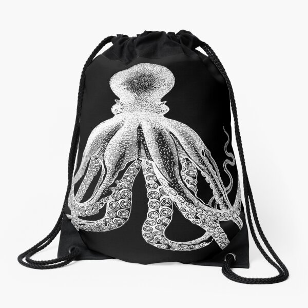 Octopus | Vintage Octopus | Tentacles | Sea Creatures | Nautical | Ocean | Sea | Beach | Black and White | Drawstring Bag