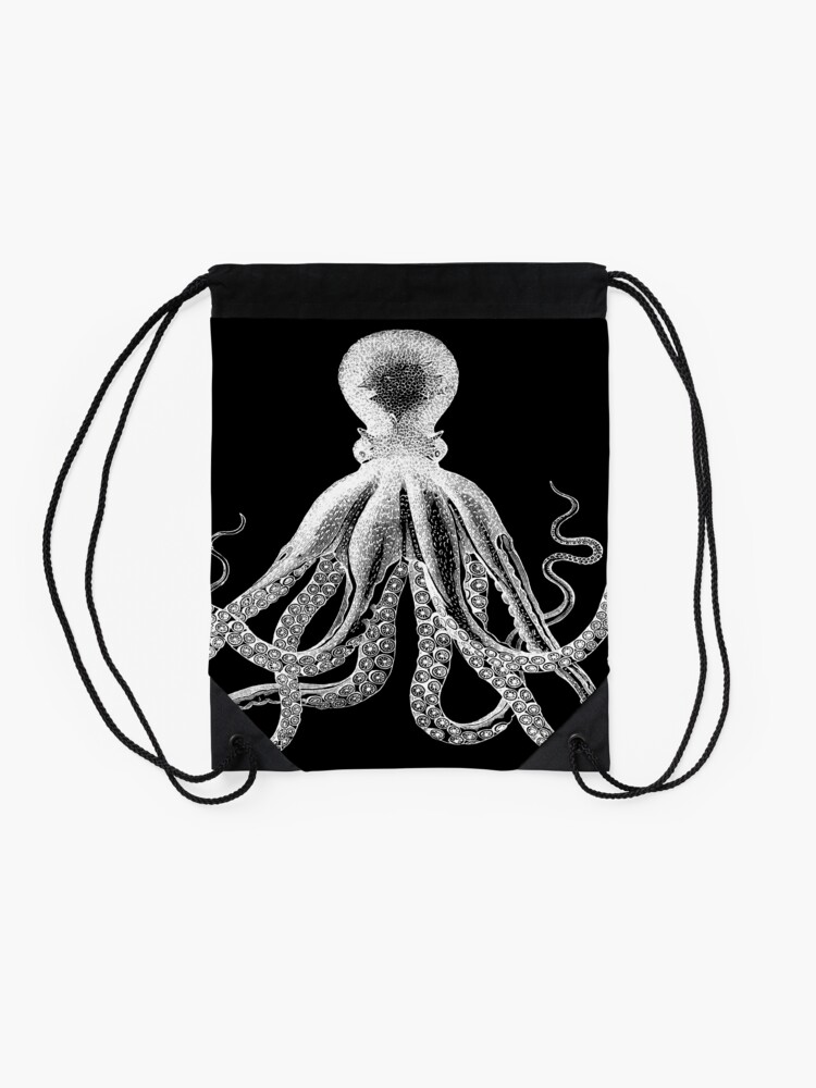 Alternate view of Octopus | Vintage Octopus | Tentacles | Sea Creatures | Nautical | Ocean | Sea | Beach | Black and White | Drawstring Bag