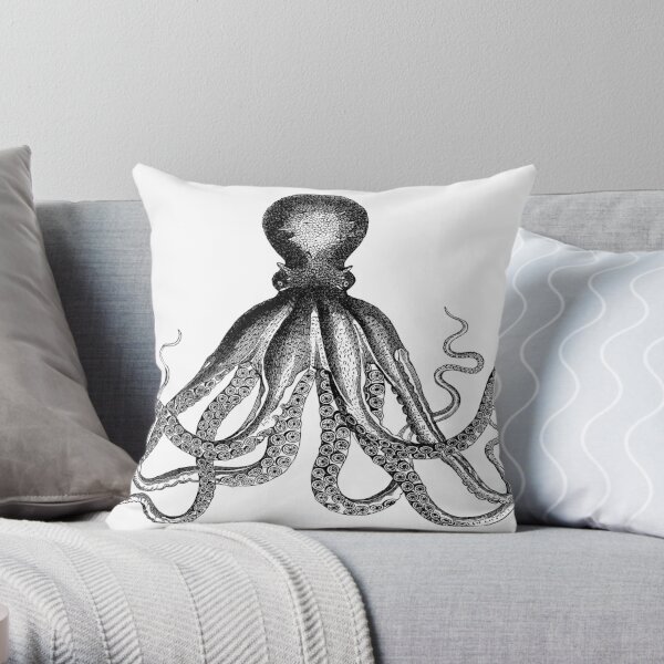 Octopus | Vintage Octopus | Tentacles | Sea Creatures | Nautical | Ocean | Sea | Beach | Black and White |  Throw Pillow