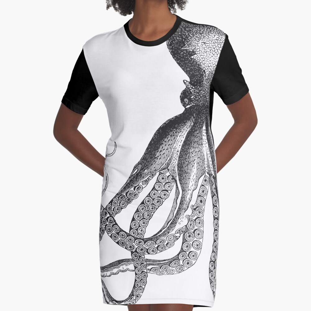 Octopus | Vintage Octopus | Tentacles | Sea Creatures | Nautical | Ocean | Sea | Beach | Black and White | Graphic T-Shirt Dress