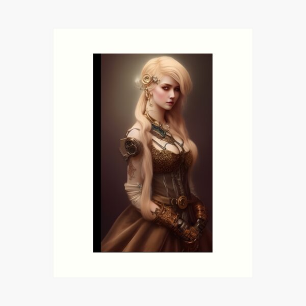 Pretty blonde in steampunk corset dress Art Print for Sale by