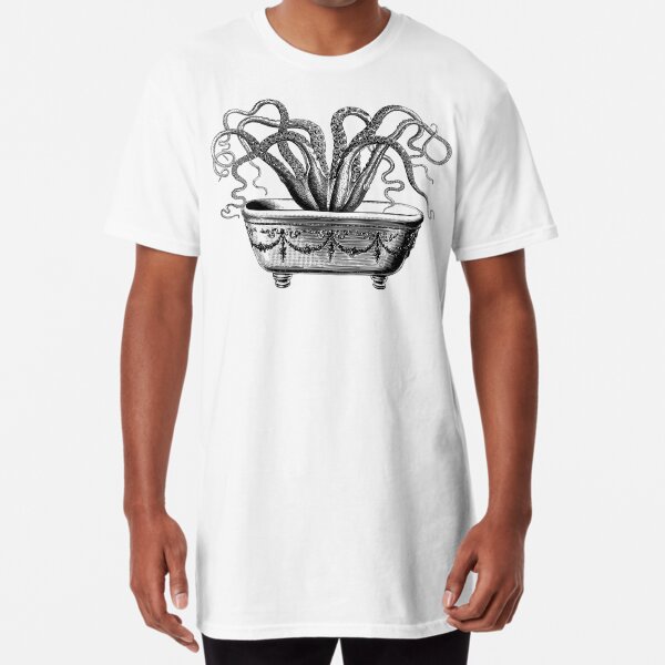 Tentacles in the Tub | Octopus in Bathtub | Vintage Octopus | Black and White |  Long T-Shirt