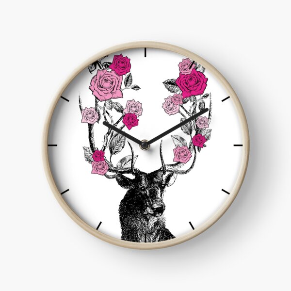 The Stag and Roses | Deer and Roses | Stag and Flowers | Deer and Flowers | Vintage Stag | Antlers | Woodland | Highland | Pink | Clock