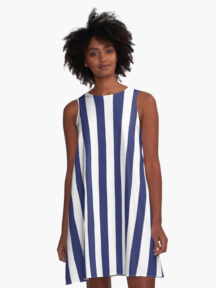 navy blue and white striped dress