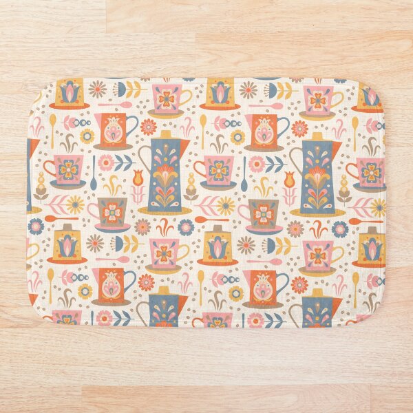 Item preview, Scandinavian Coffee Break featuring  floral folk art decorated coffee pots and cups in blue, orange, pink and yellow designed and sold by Portia Monberg.