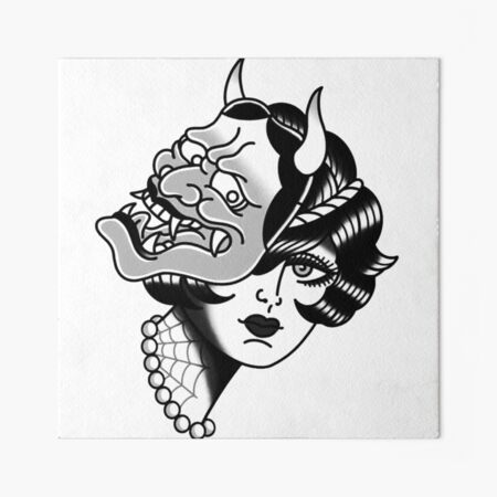 Black and White Beautiful lady with Hannya Mask Tattoo | Art Board Print