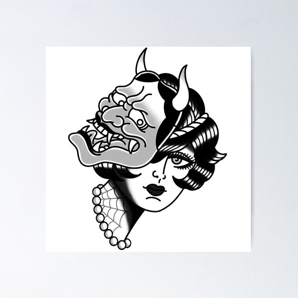 Item preview, Black and White Beautiful lady with Hannya Mask Tattoo designed and sold by Cesar Caligula.