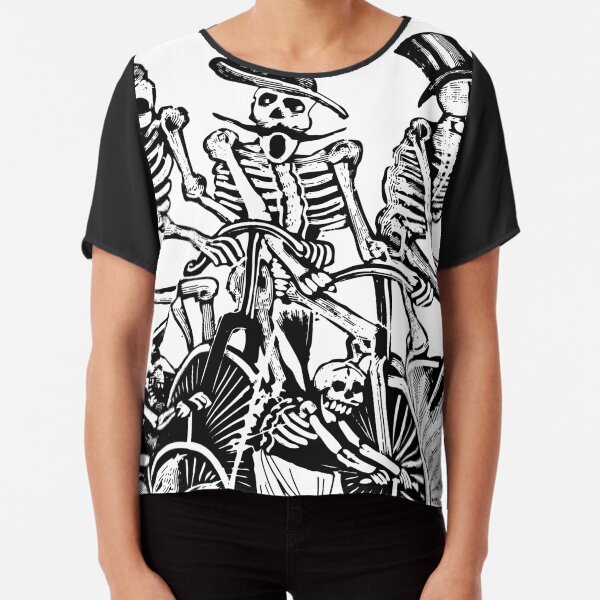 Calavera Cyclists | Day of the Dead | Dia de los Muertos | Skulls and Skeletons | Vintage Skeletons | Black and White | Chiffon Top