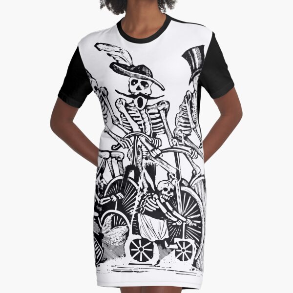 Calavera Cyclists | Day of the Dead | Dia de los Muertos | Skulls and Skeletons | Vintage Skeletons | Black and White | Graphic T-Shirt Dress