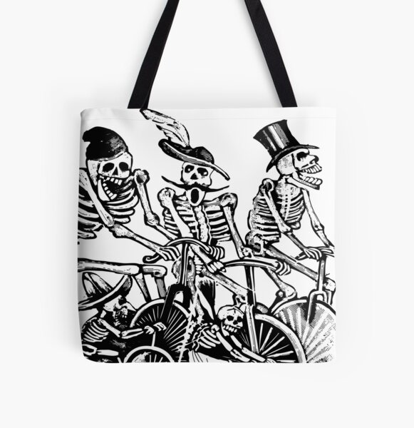 Calavera Cyclists | Day of the Dead | Dia de los Muertos | Skulls and Skeletons | Vintage Skeletons | Black and White | All Over Print Tote Bag