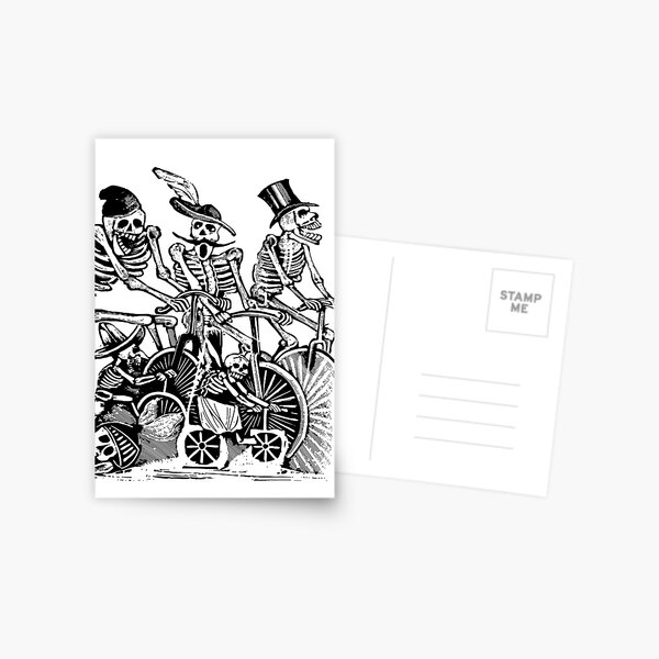 Calavera Cyclists | Day of the Dead | Dia de los Muertos | Skulls and Skeletons | Vintage Skeletons | Black and White | Postcard