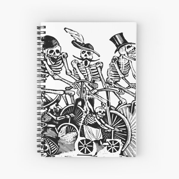 Calavera Cyclists | Day of the Dead | Dia de los Muertos | Skulls and Skeletons | Vintage Skeletons | Black and White | Spiral Notebook