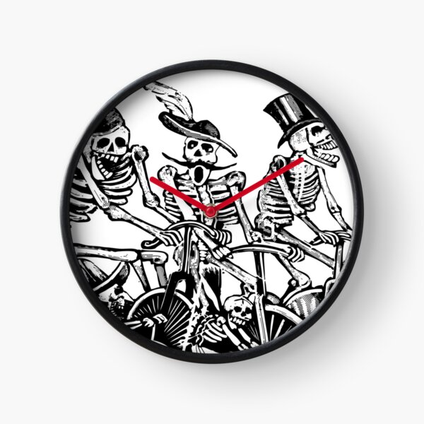 Calavera Cyclists | Day of the Dead | Dia de los Muertos | Skulls and Skeletons | Vintage Skeletons | Black and White | Clock