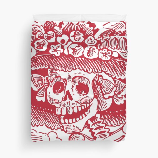 Calavera Catrina | Day of the Dead | Dia de los Muertos | Skulls and Skeletons | Vintage Skeletons | Red and White | Duvet Cover
