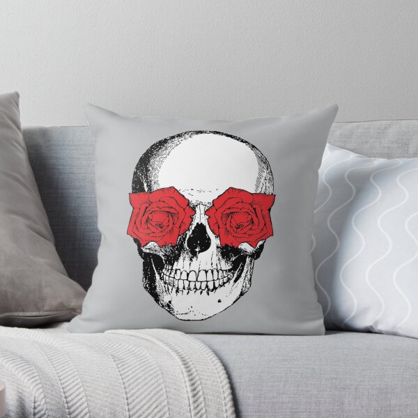 Skull and Roses | Skull and Flowers | Skulls and Skeletons | Vintage Skulls | Grey and Red | Throw Pillow