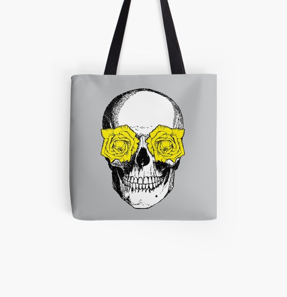 Skull and Roses | Skull and Flowers | Skulls and Skeletons | Vintage Skulls | Grey and Yellow | All Over Print Tote Bag